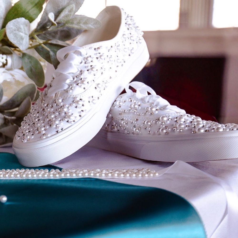 Elegant White Pearl-Embellished Women's Vans
